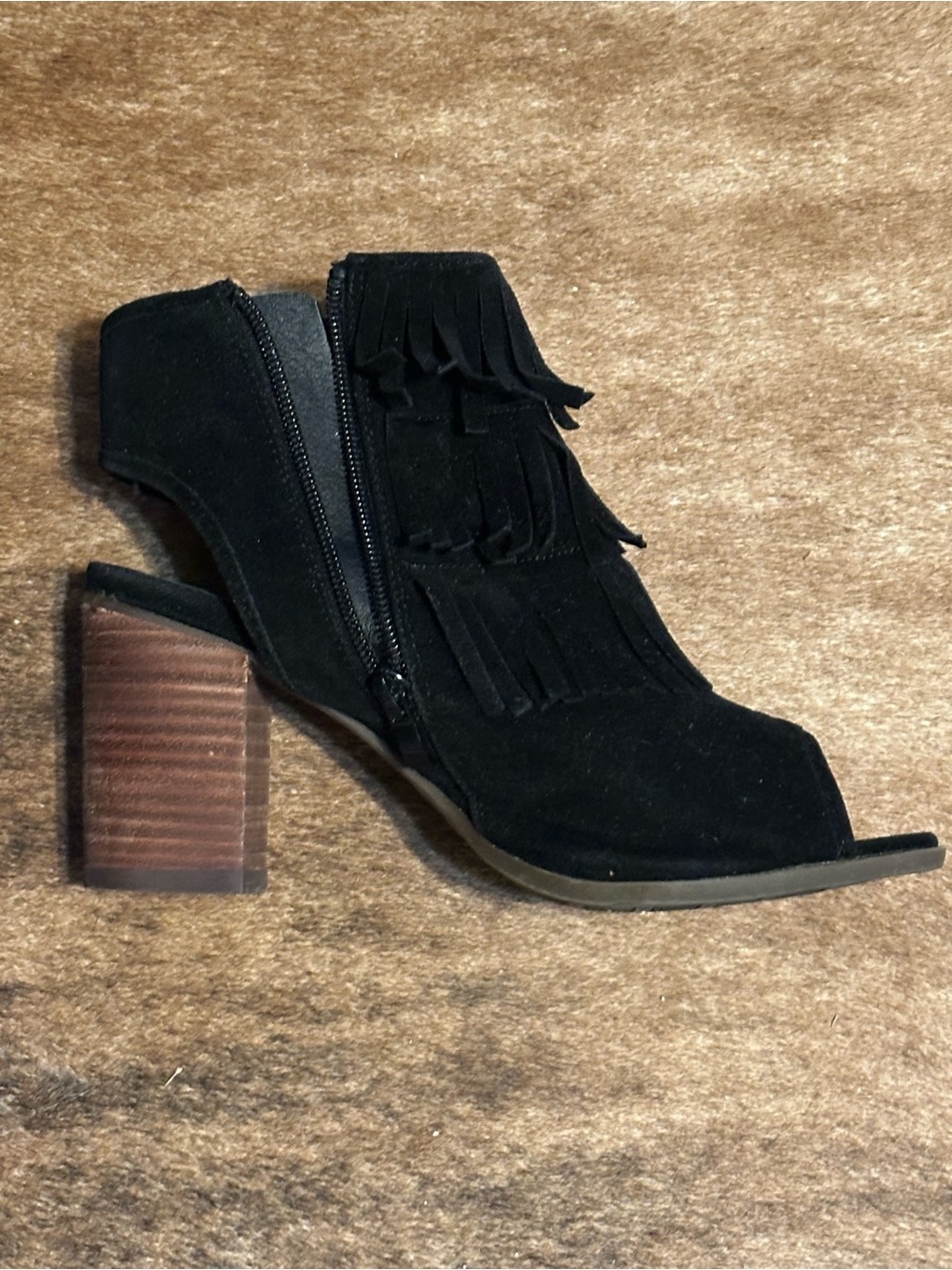 De Blossom Collection Comfort Black Suede Fringe Open-Toe Block Heel